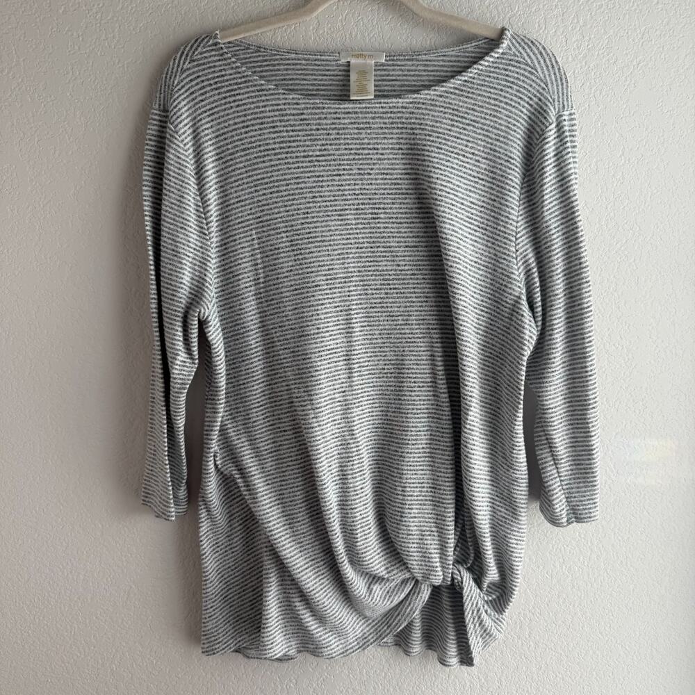 Matty M Womens top Size L Gray Striped Soft Stretch Knit Side Twist 3/4 Sleeve